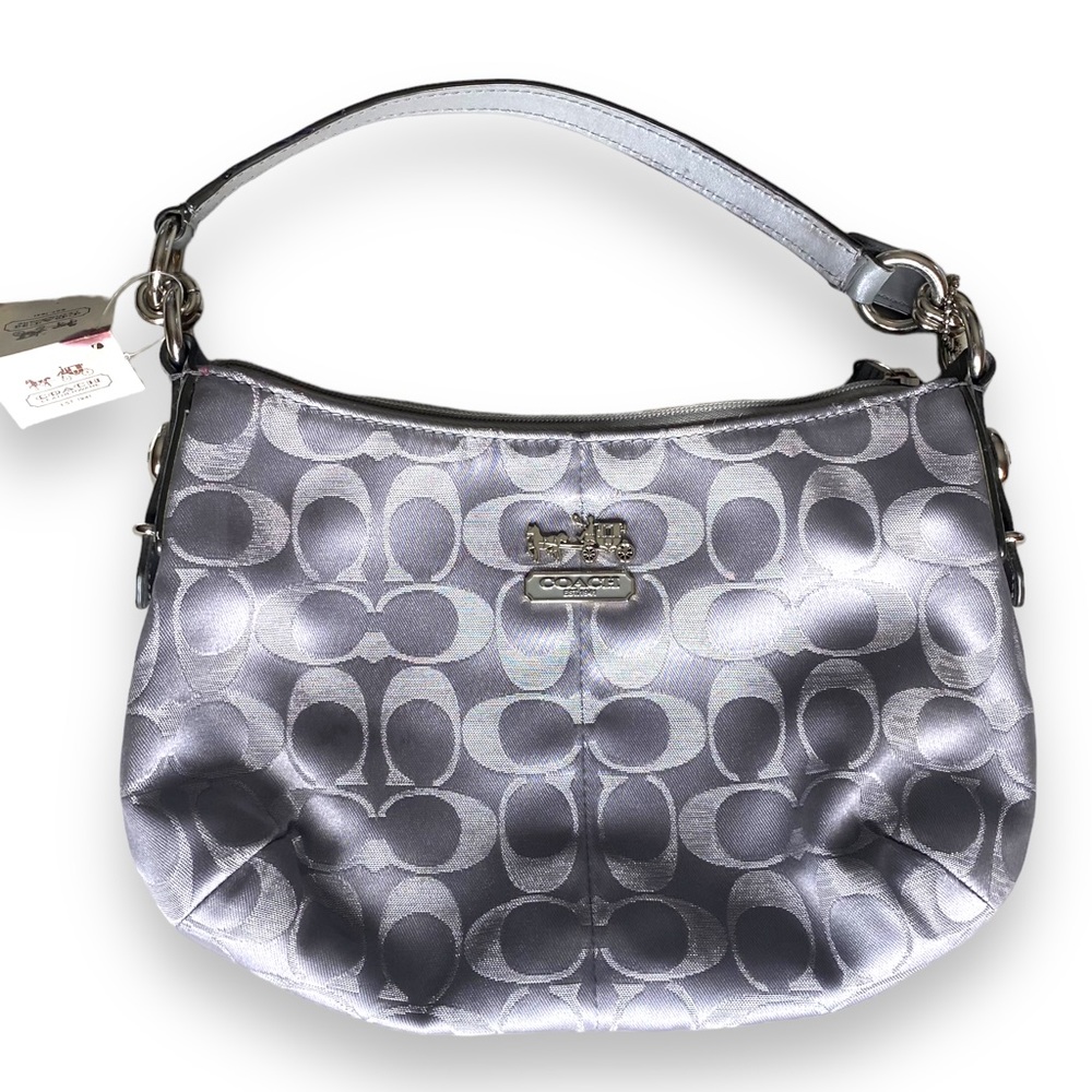 Coach Mia Signature Silver Lurex Fabric Leather Shoulder Bag